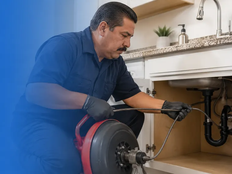 Plumber clearing a clogged drain