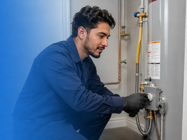 Technician repairing a water heater